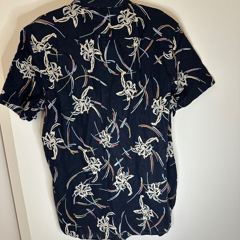 NWT Men's Tommy Hilfiger Size L Cotton Linen Short Sleeve Button Down Navy Print - Picture 3 of 6